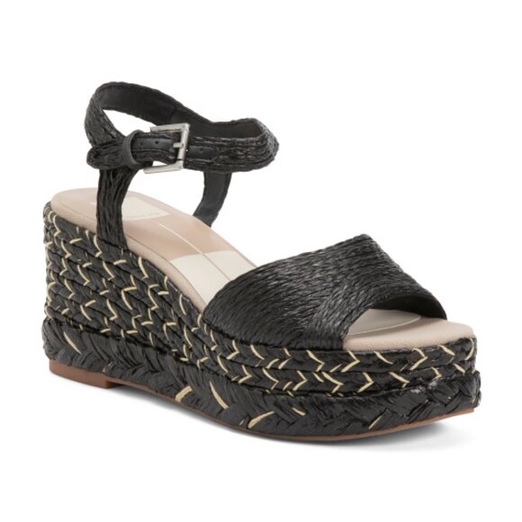 Dolce Vita Tiago Raffia Ankle-Strap Espadrille Platform Wedge Sandals Black - Picture 1 of 3
